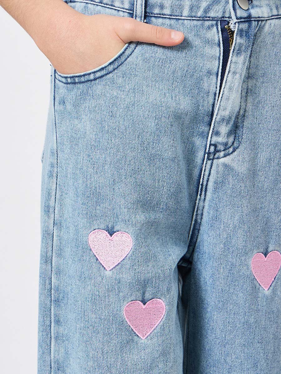 Girls Heart Embroidered Wide Leg Jeans