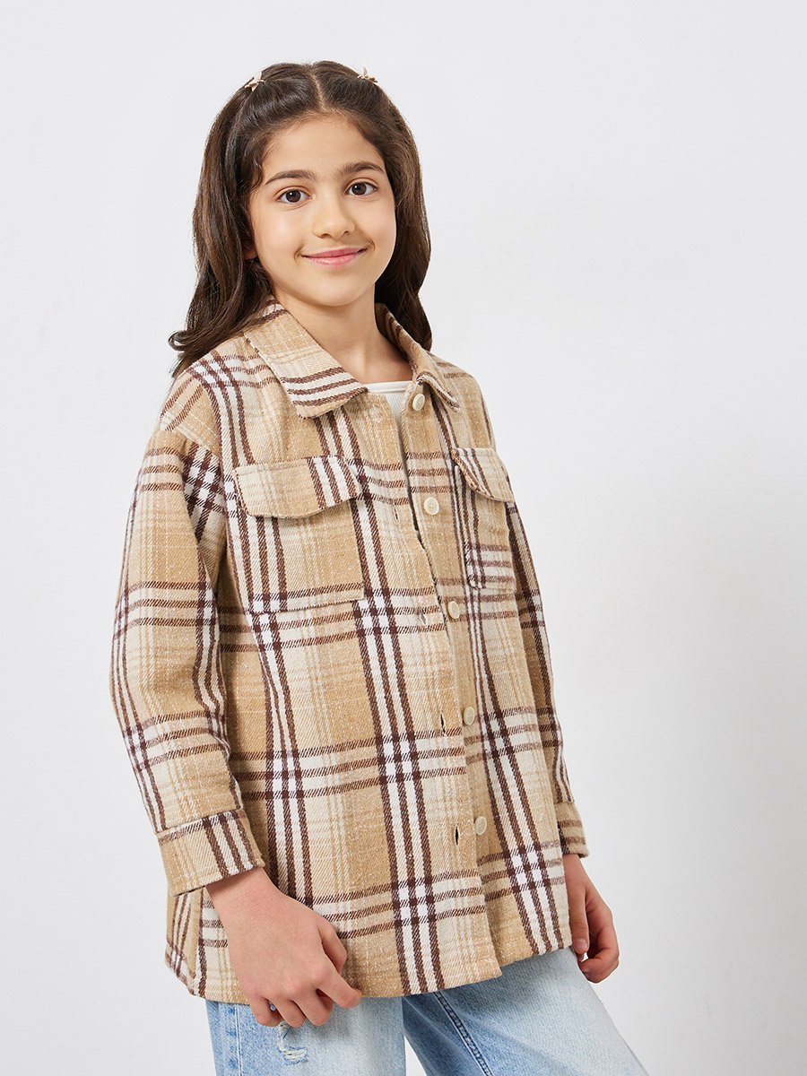 Kids Khaki Plaid Buttoned Jackets