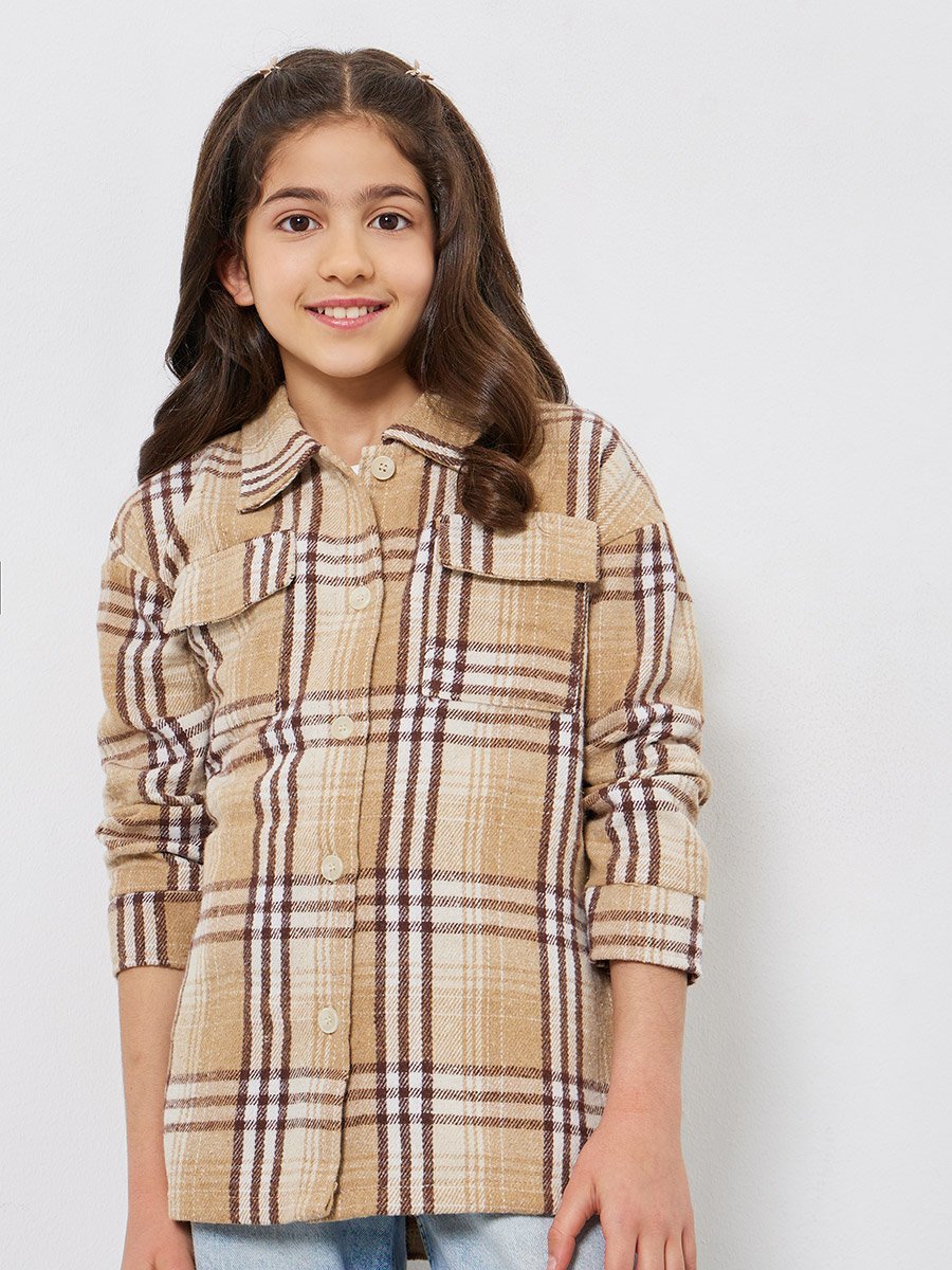 Kids Khaki Plaid Buttoned Jackets