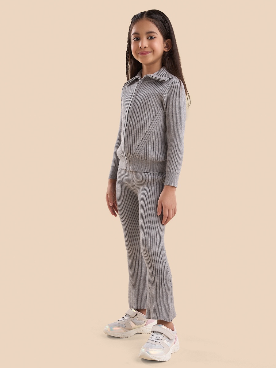 Ribbed Zip Through Cardigan with Flared Leggings