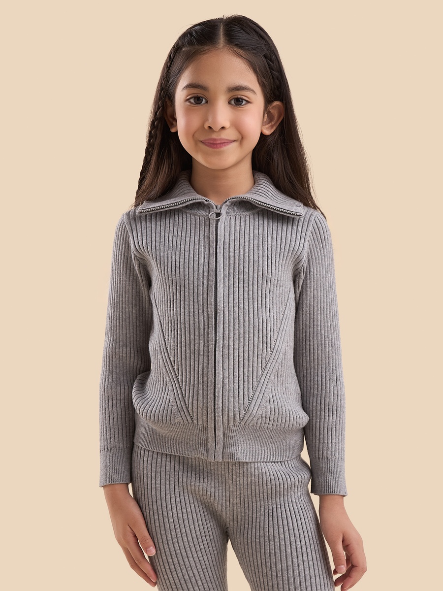 Ribbed Zip Through Cardigan with Flared Leggings