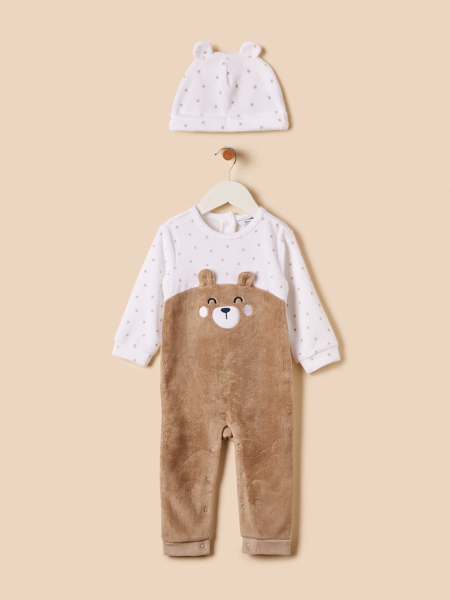 Bear Applique Velour Sleepsuit with Cap