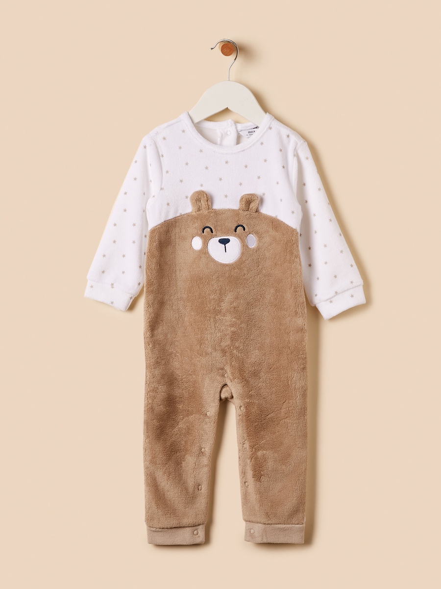 Bear Applique Velour Sleepsuit with Cap