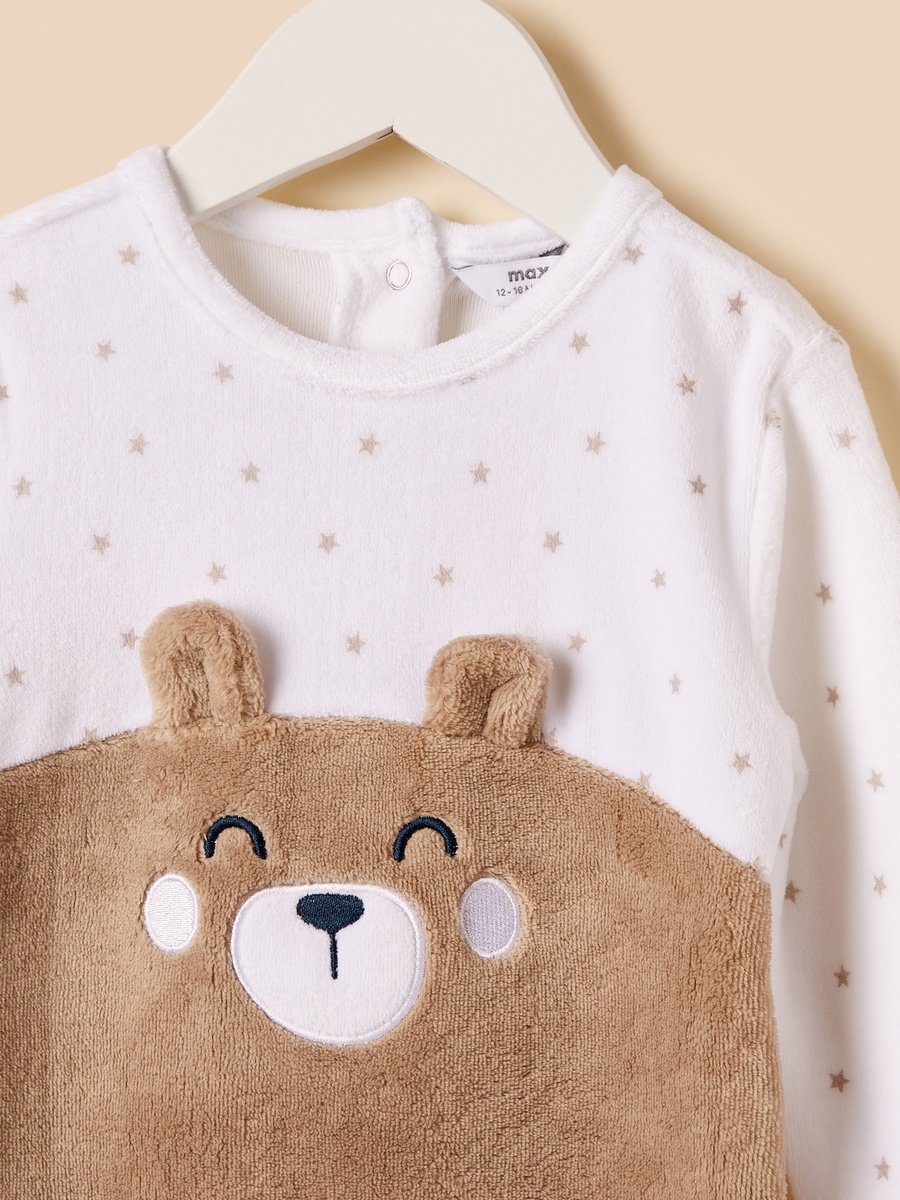 Bear Applique Velour Sleepsuit with Cap