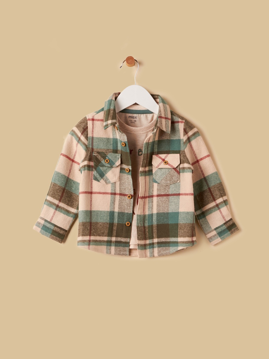 Checked Shirt and Printed Cotton T-Shirt Set