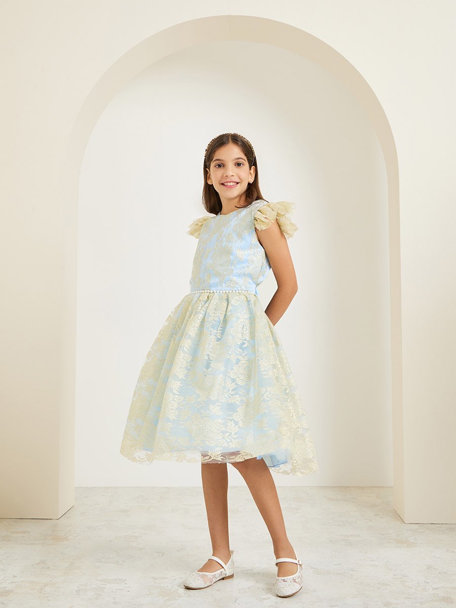 Girls Light Blue Floral Mesh Detail A-Line Dress