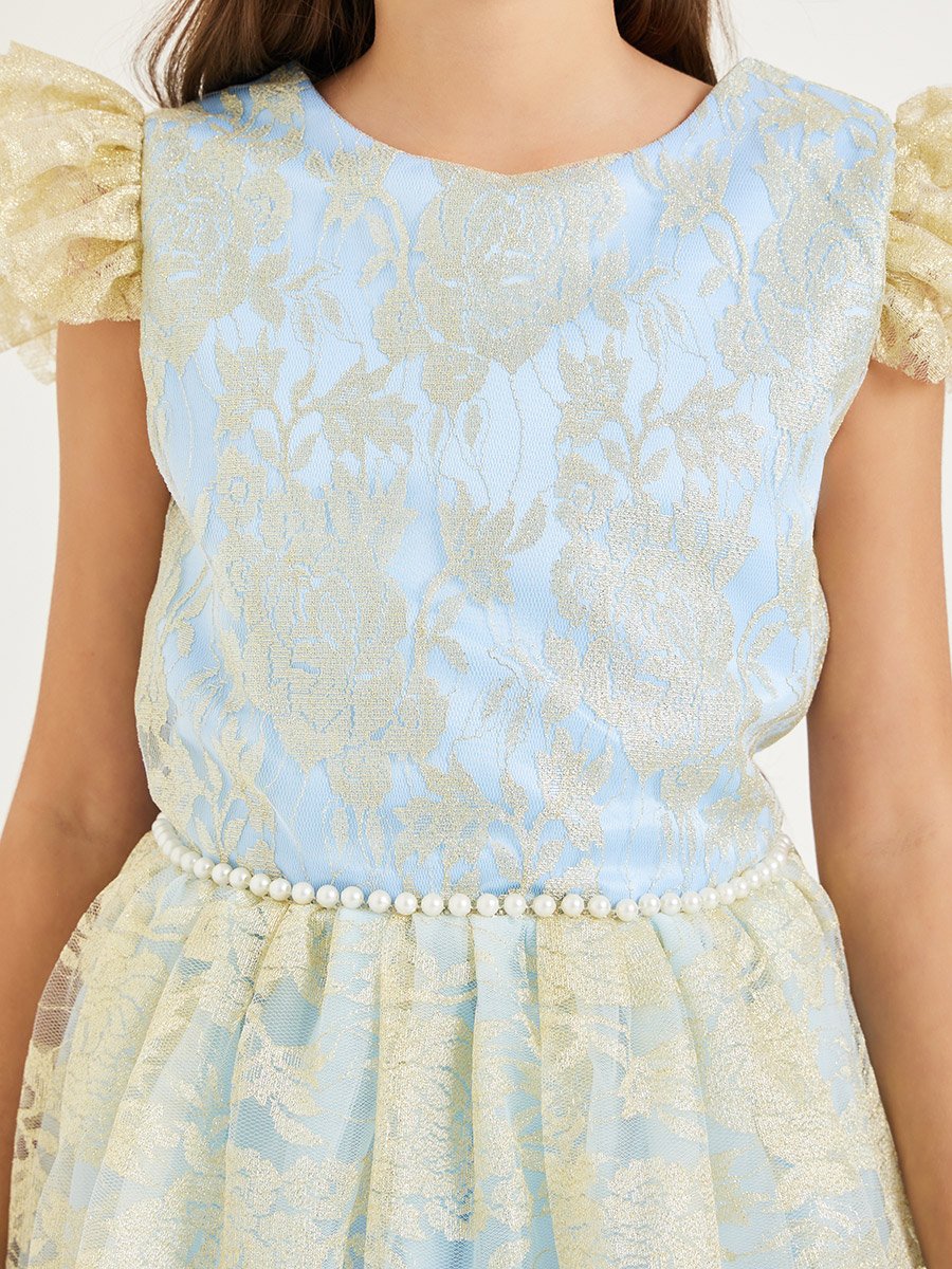 Girls Light Blue Floral Mesh Detail A-Line Dress