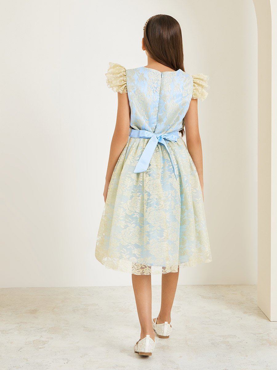 Girls Light Blue Floral Mesh Detail A-Line Dress