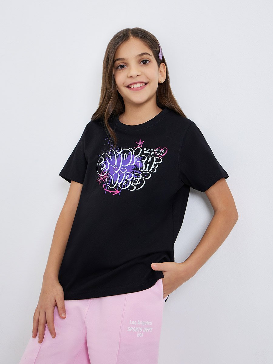 Girls Black Graphic Print T-Shirt
