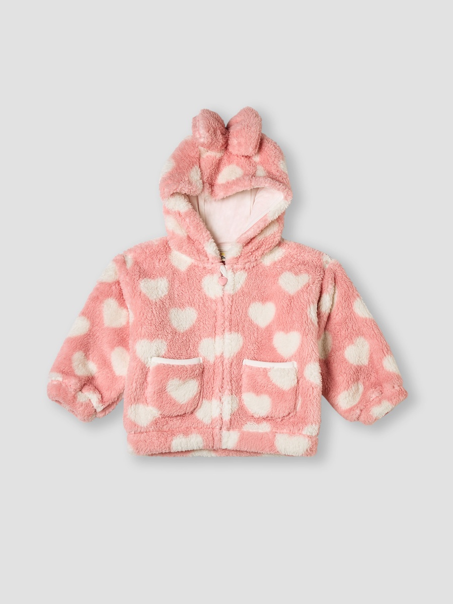 Heart Print Hooded Jacket with Zip Closure and Pockets