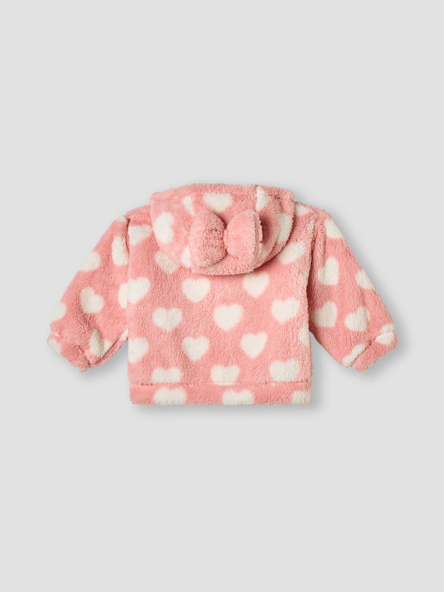 Heart Print Hooded Jacket with Zip Closure and Pockets