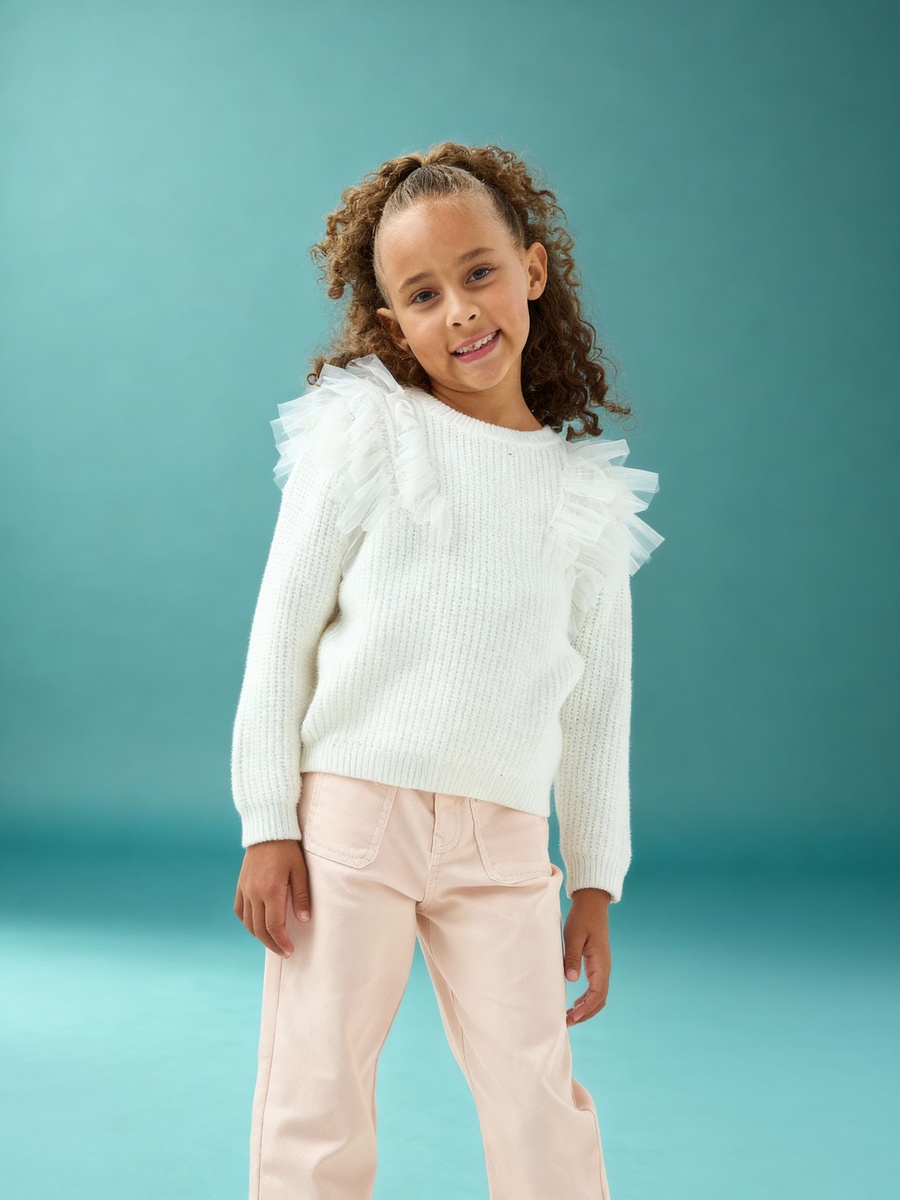 Textured Sweater with Long Sleeves and Tulle Detail