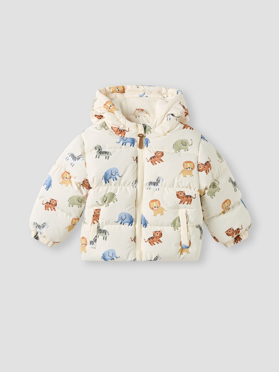 Animal Print Padded Puffer Jacket with Hood and Long Sleeves