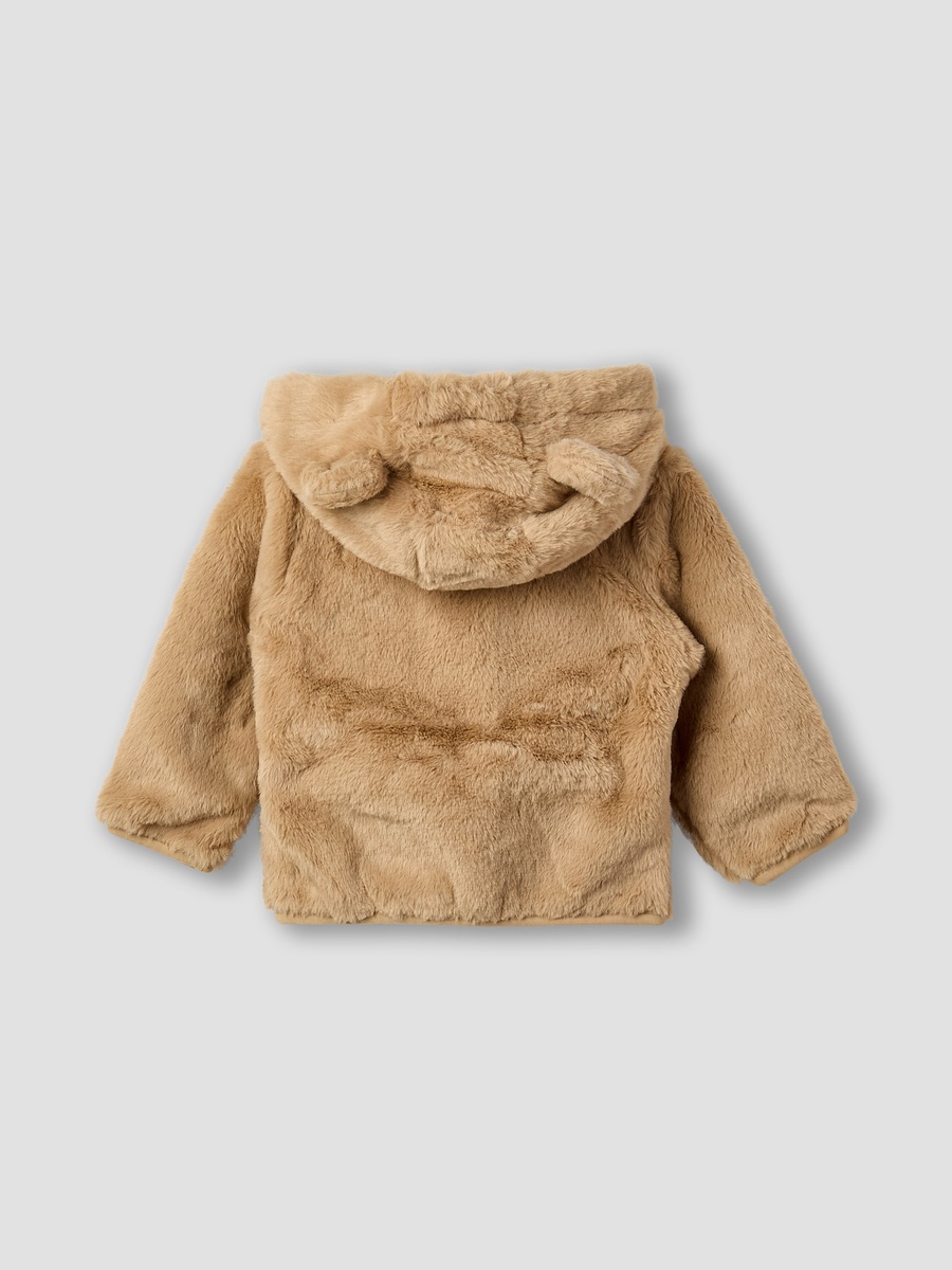 Faux Fur Textured Jacket with Hood and Long Sleeves