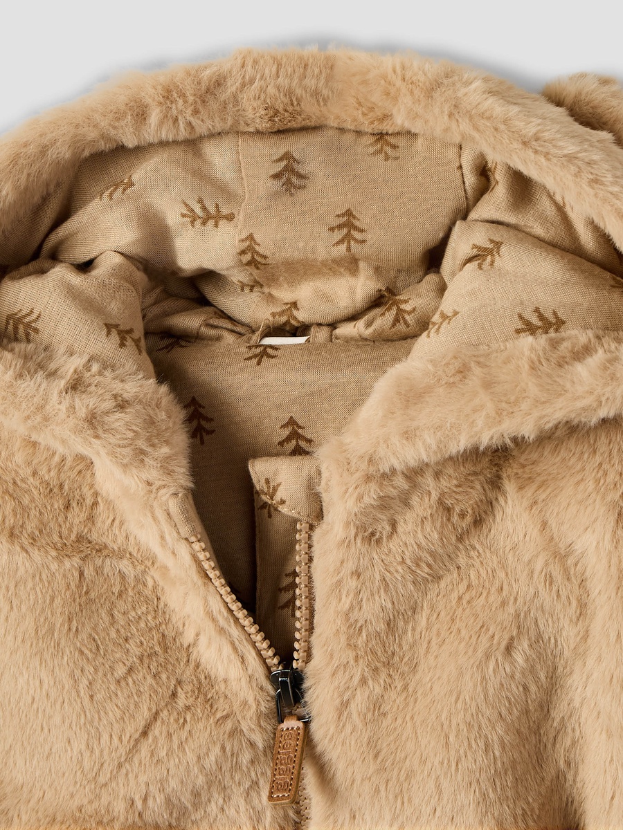 Faux Fur Textured Jacket with Hood and Long Sleeves