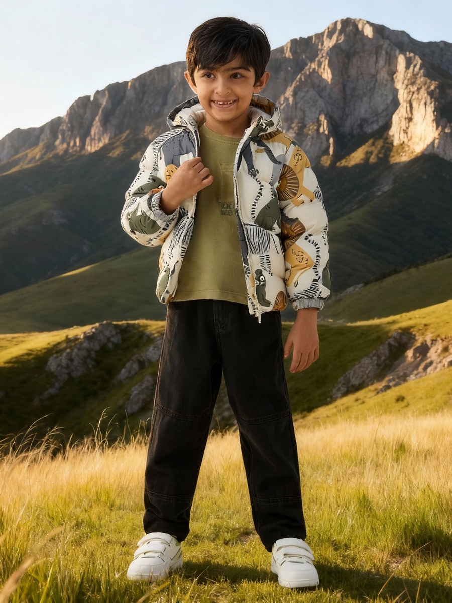 Printed Zip Through Hooded Puffer Jacket with Long Sleeves