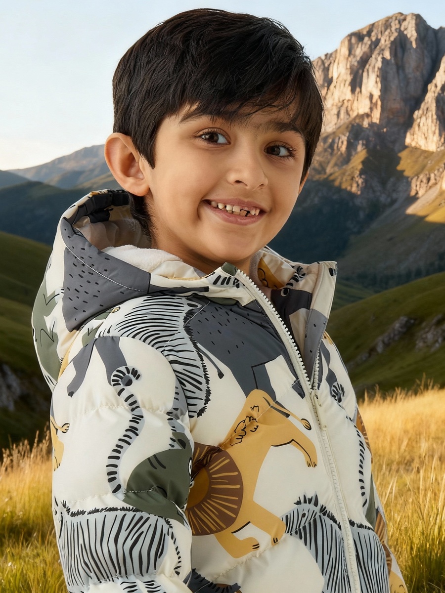 Printed Zip Through Hooded Puffer Jacket with Long Sleeves