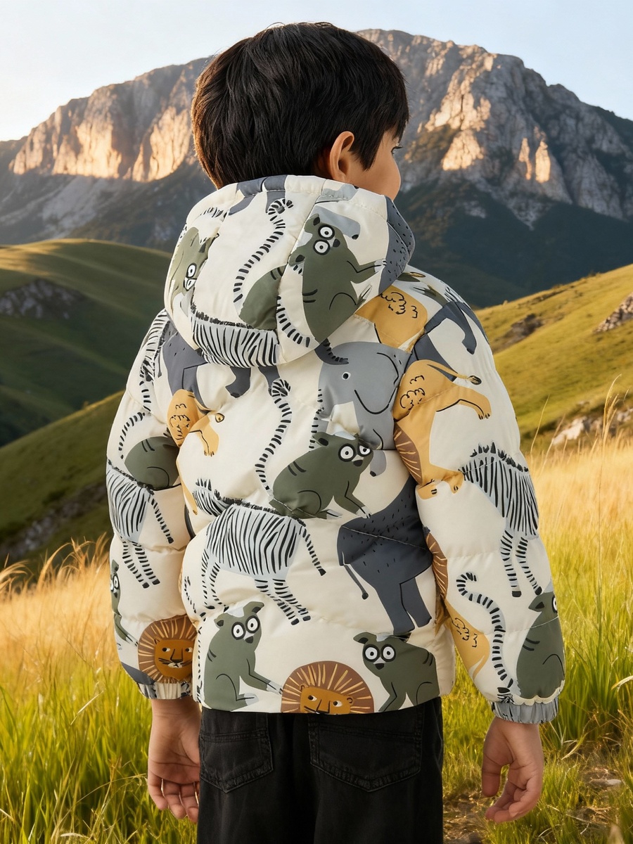 Printed Zip Through Hooded Puffer Jacket with Long Sleeves