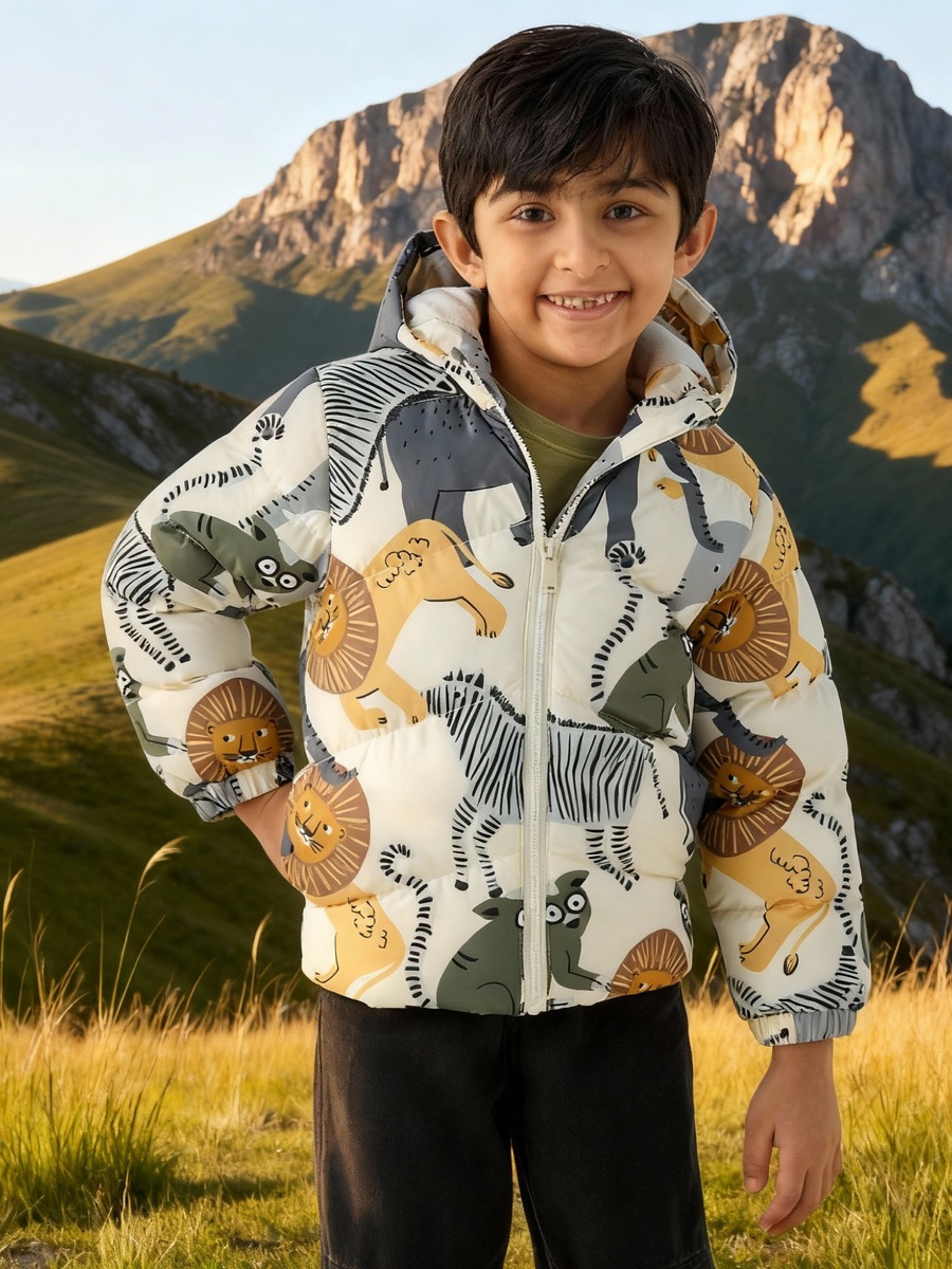 Printed Zip Through Hooded Puffer Jacket with Long Sleeves
