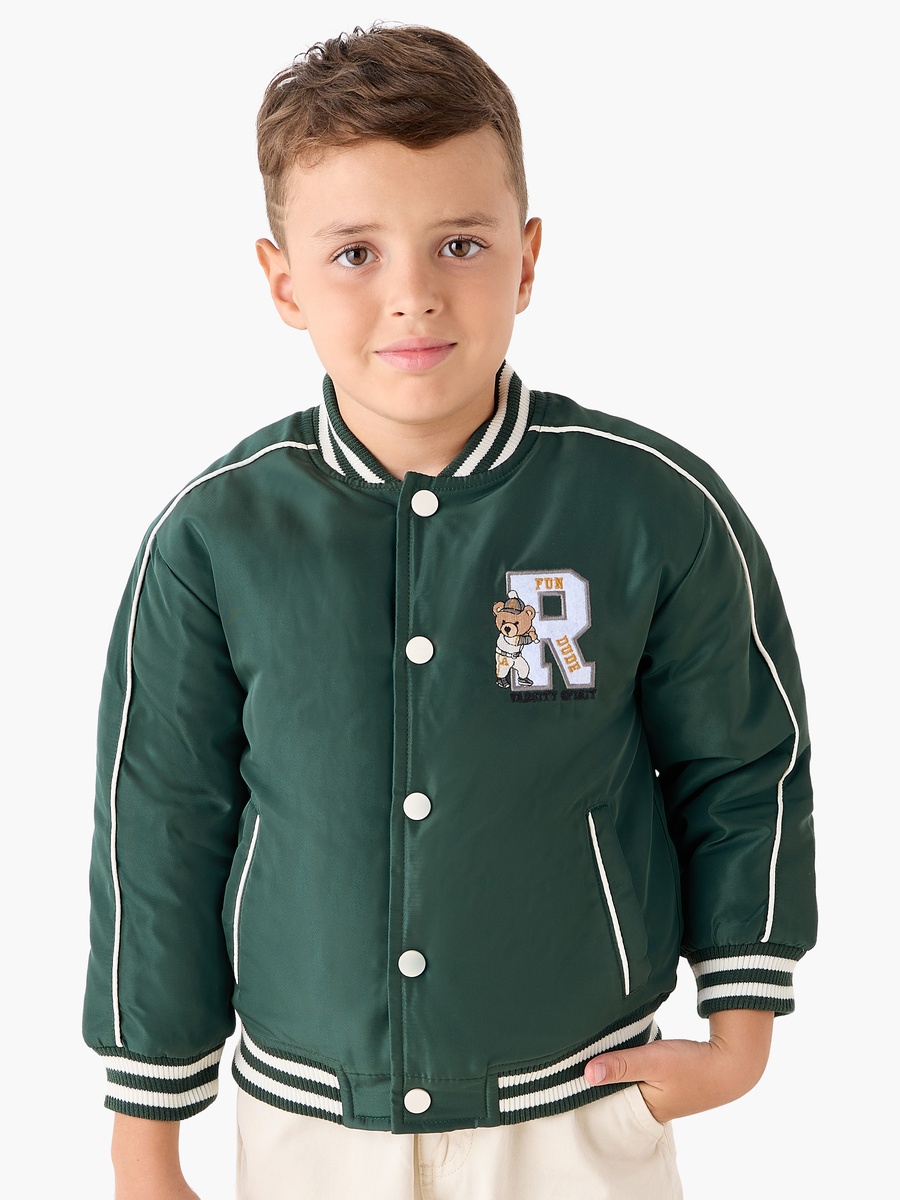 Teddy Applique Bomber Jacket with Button Closure