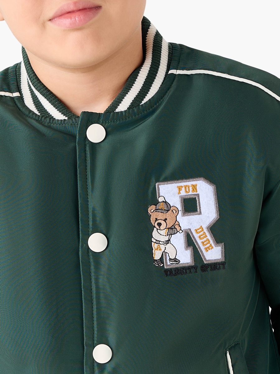 Teddy Applique Bomber Jacket with Button Closure
