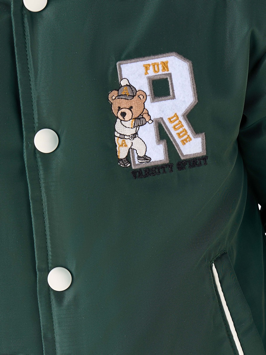 Teddy Applique Bomber Jacket with Button Closure