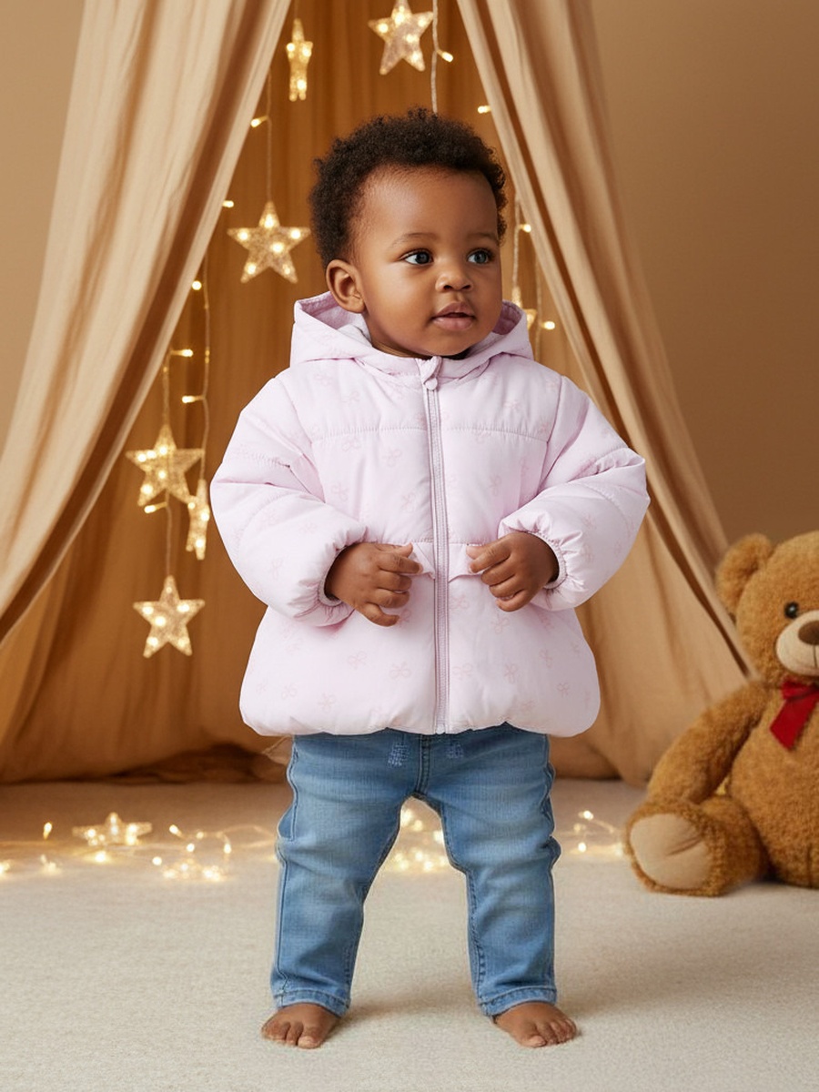Bow Print Hooded Heavy Jacket with Long Sleeves