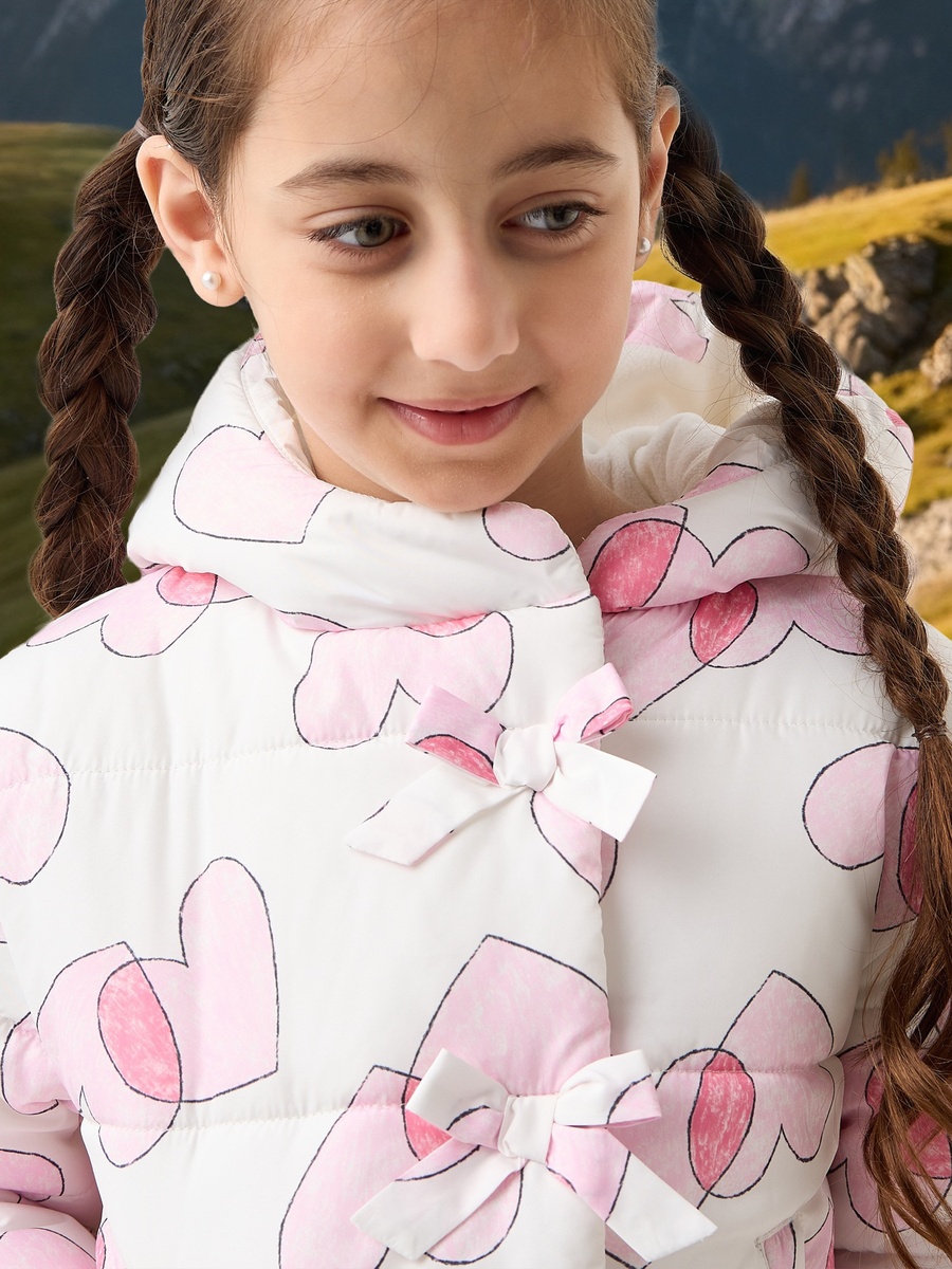 Heart Print Hooded Heavy Jacket with Long Sleeves