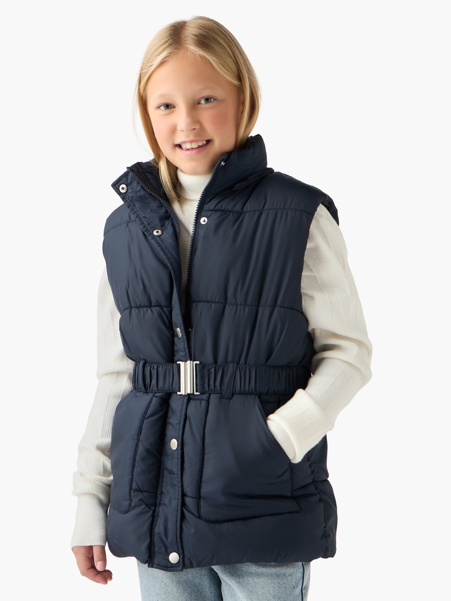Belted Padded Gilet with Hood and Zip Closure