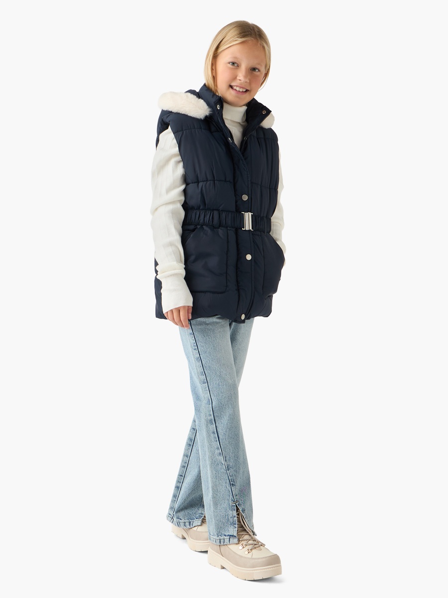 Belted Padded Gilet with Hood and Zip Closure