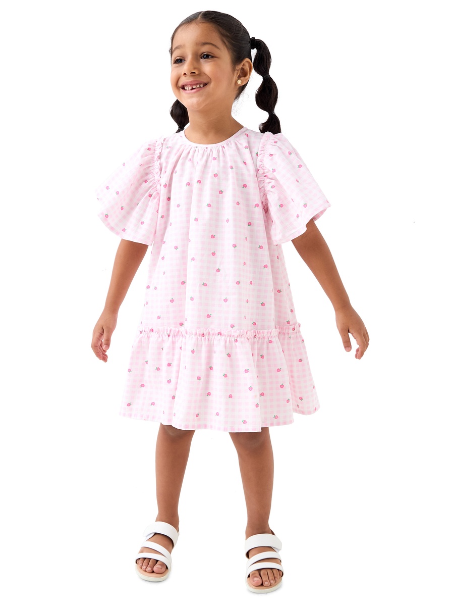 All-Over Strawberry Print A-Line Dress with Flutter Sleeves