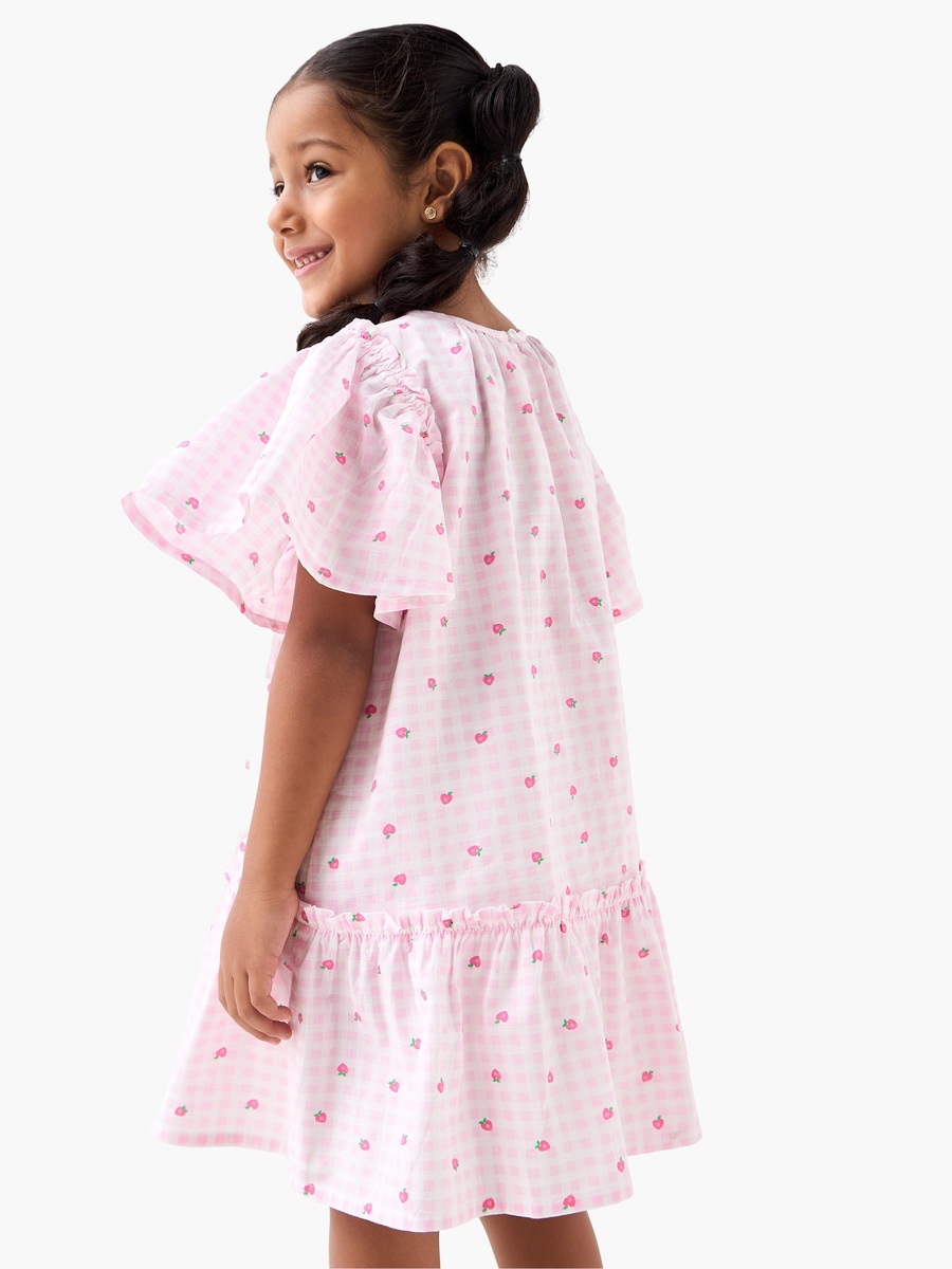 All-Over Strawberry Print A-Line Dress with Flutter Sleeves