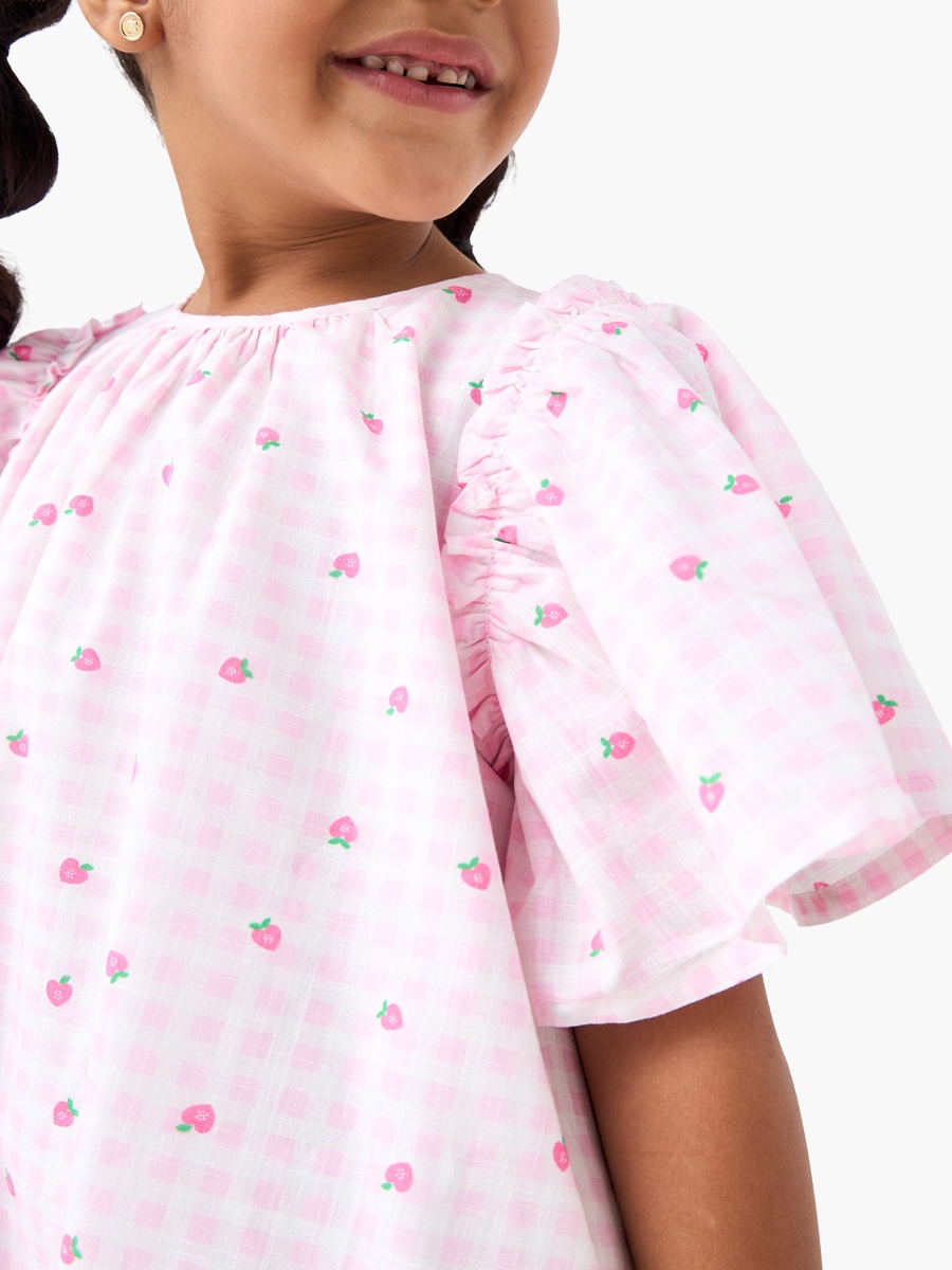 All-Over Strawberry Print A-Line Dress with Flutter Sleeves