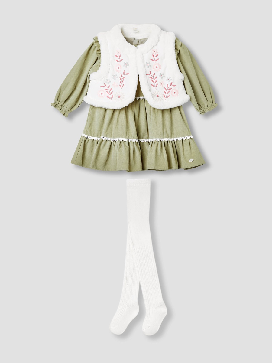 Embroidered Tiered Dress with Sweater and Stockings