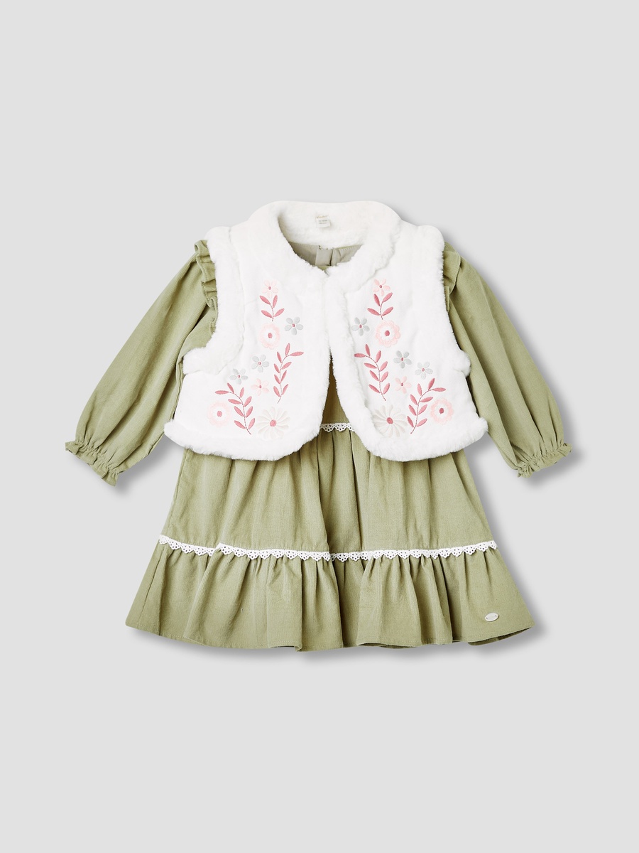 Embroidered Tiered Dress with Sweater and Stockings
