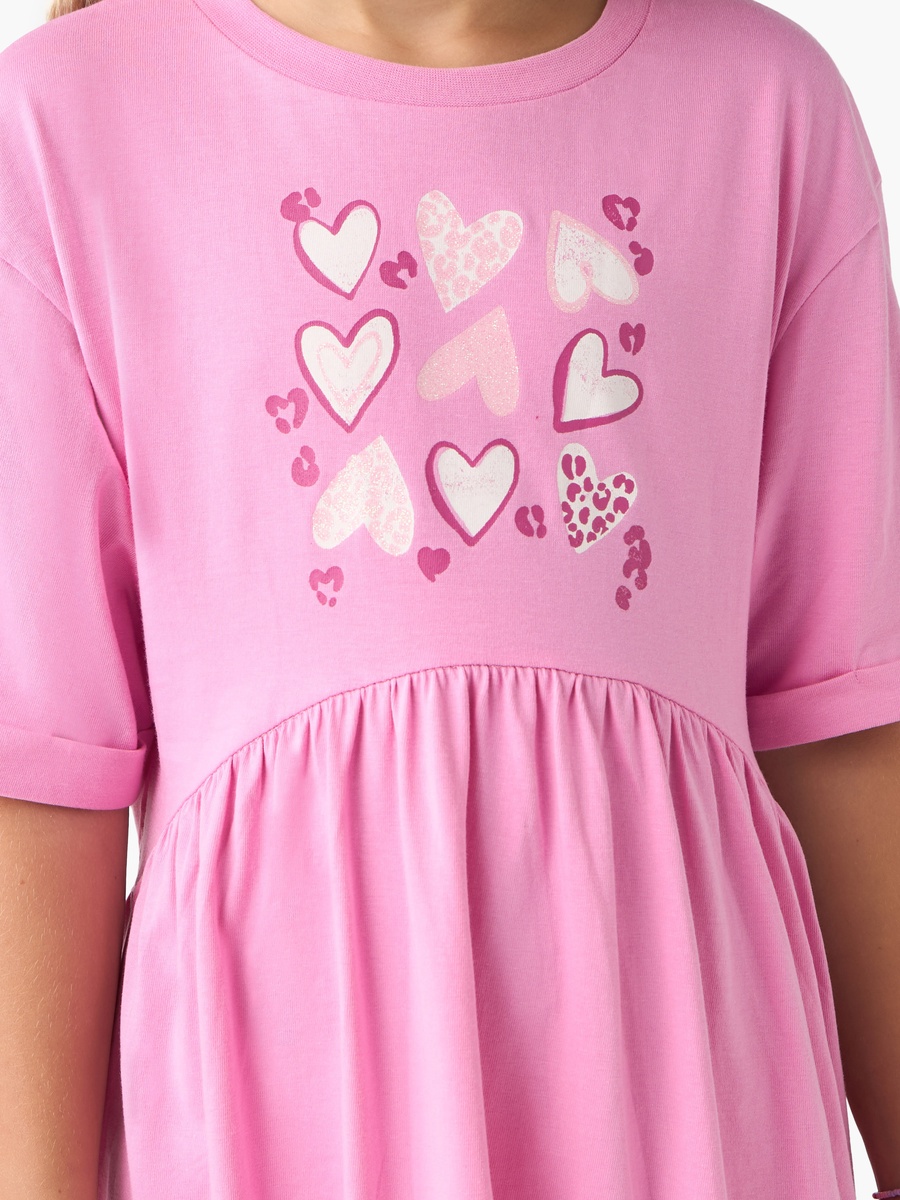 Cotton Dress with Heart Print and Short Sleeve