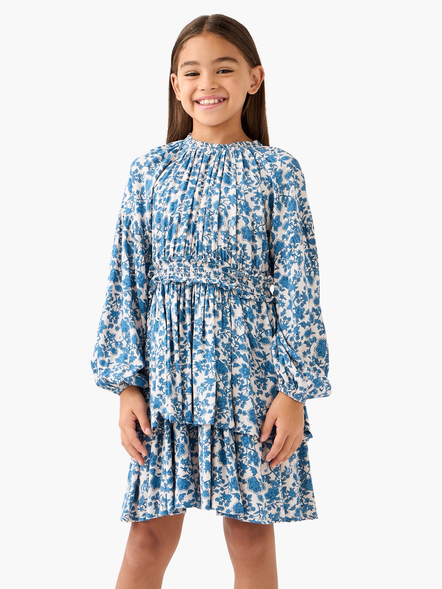 Floral Print Tiered Dress with Long Sleeves