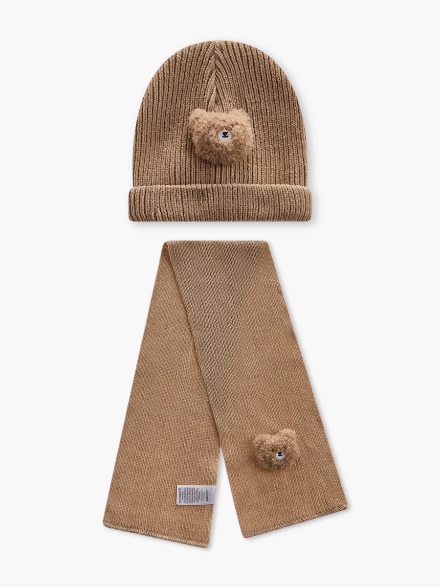 Bear Applique Beanie Cap with Scarf