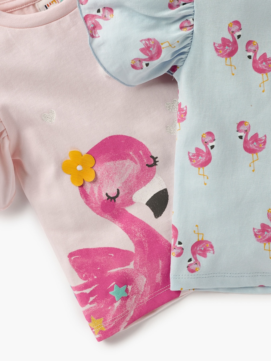 Flamingo Print T-Shirt with Puff Sleeves - Set of 2