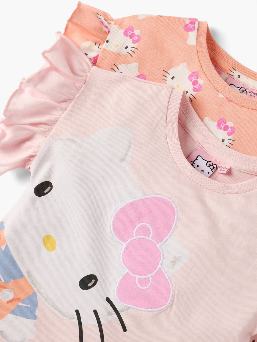 Hello Kitty Print T-Shirt with Ruffle Sleeves - Set of 2
