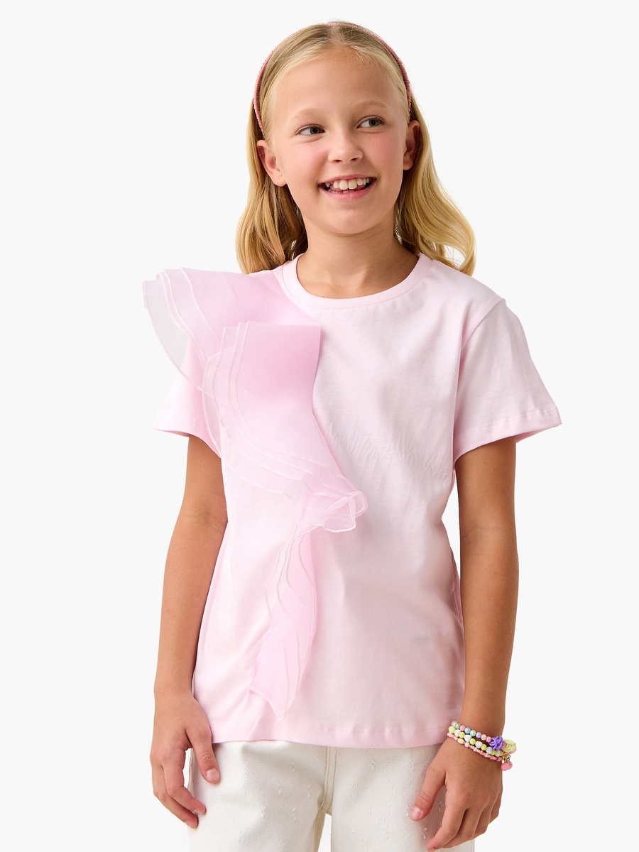 Solid T-Shirt with Ruffles and Short Sleeves
