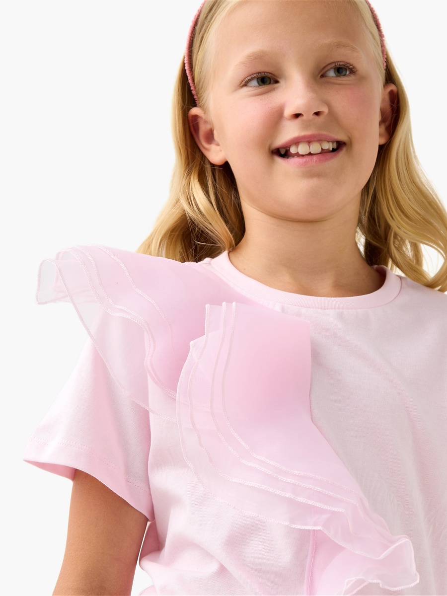 Solid T-Shirt with Ruffles and Short Sleeves