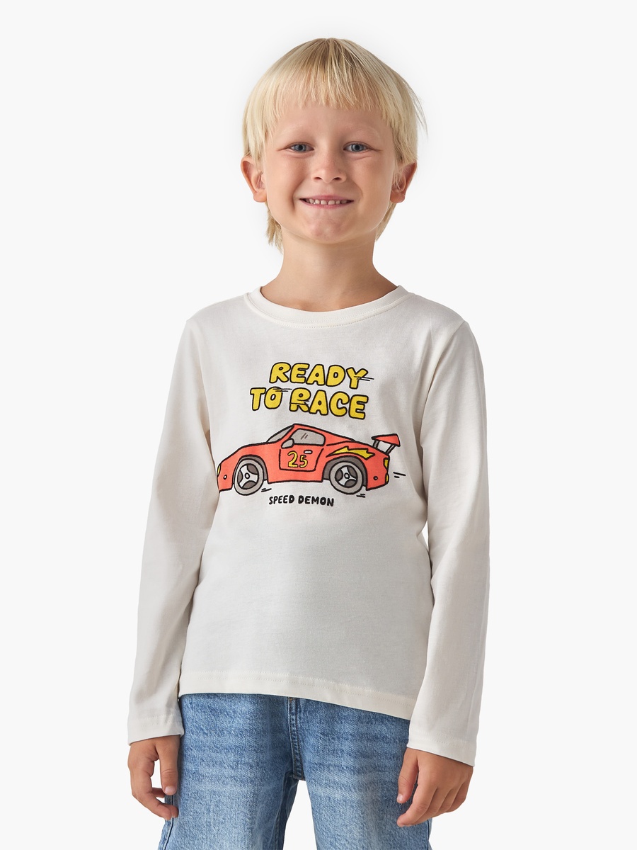 Crew Neck Cotton T-Shirt with Car Print and Long Sleeve