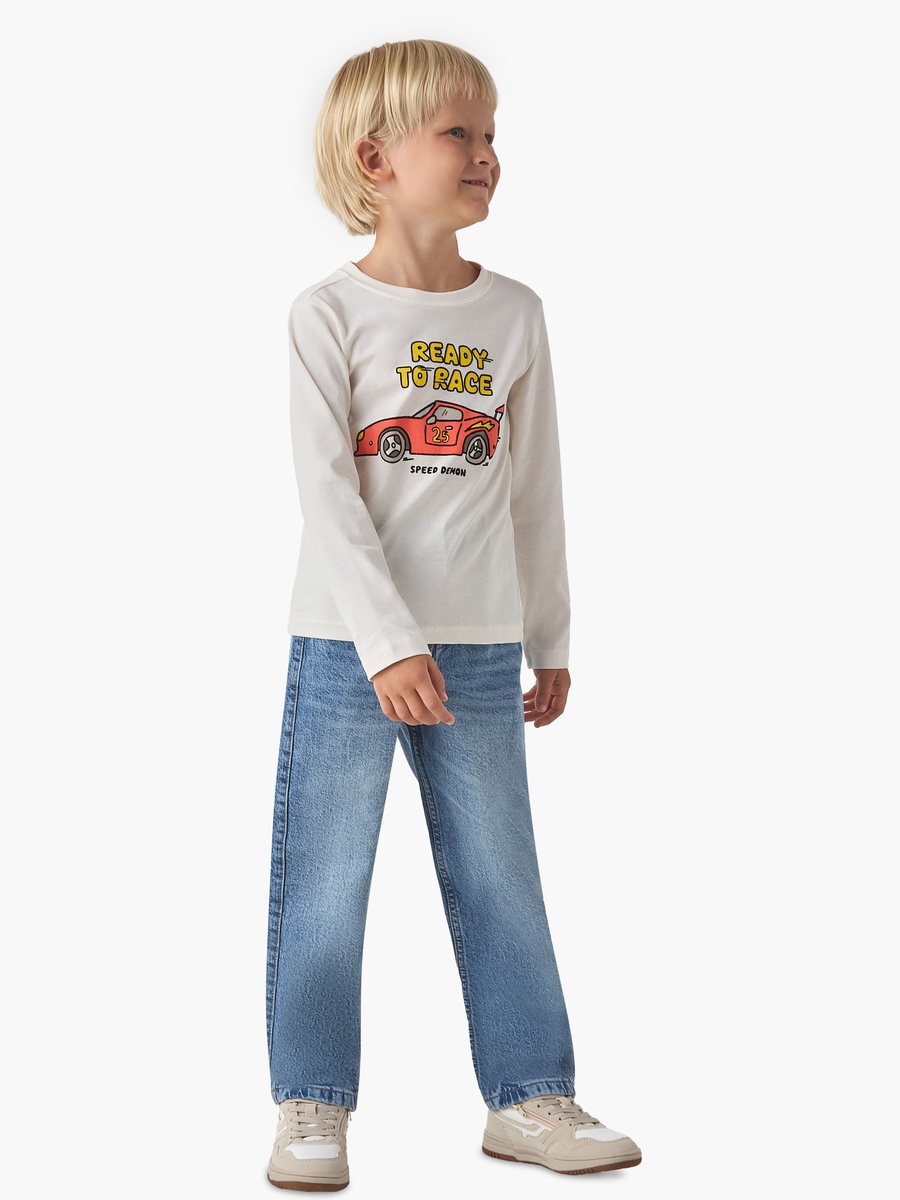 Crew Neck Cotton T-Shirt with Car Print and Long Sleeve