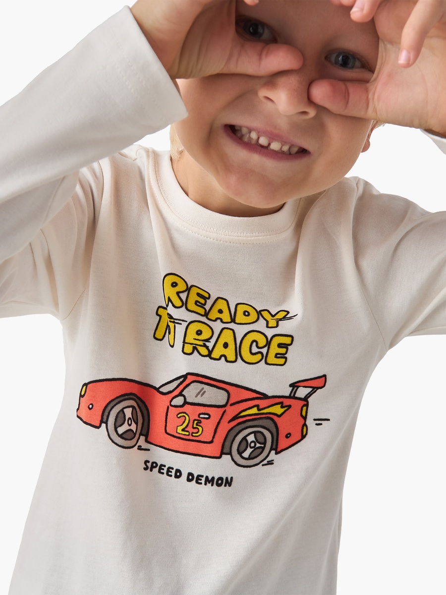 Crew Neck Cotton T-Shirt with Car Print and Long Sleeve