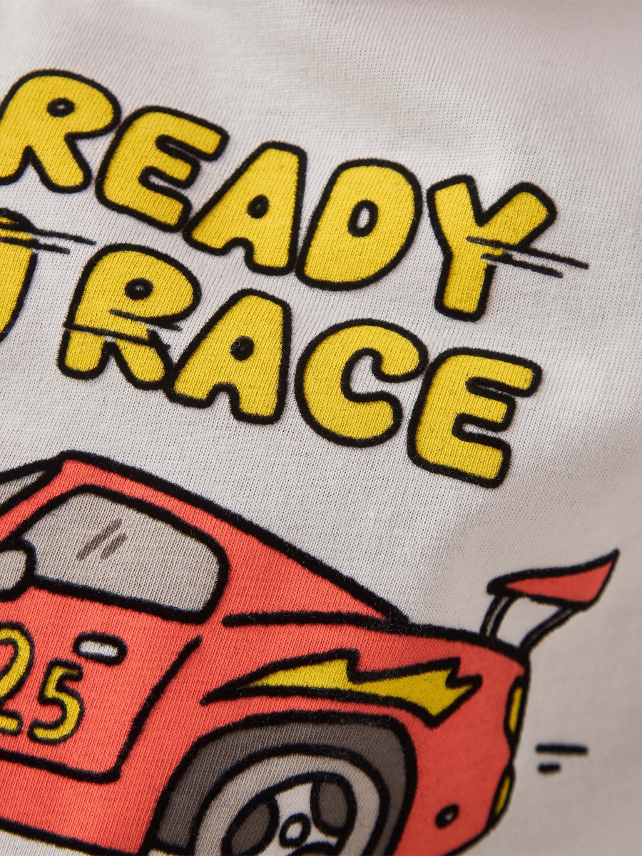 Crew Neck Cotton T-Shirt with Car Print and Long Sleeve