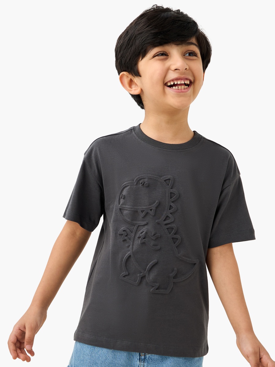 Dino Embossed Crew Neck T-Shirt with Short Sleeves