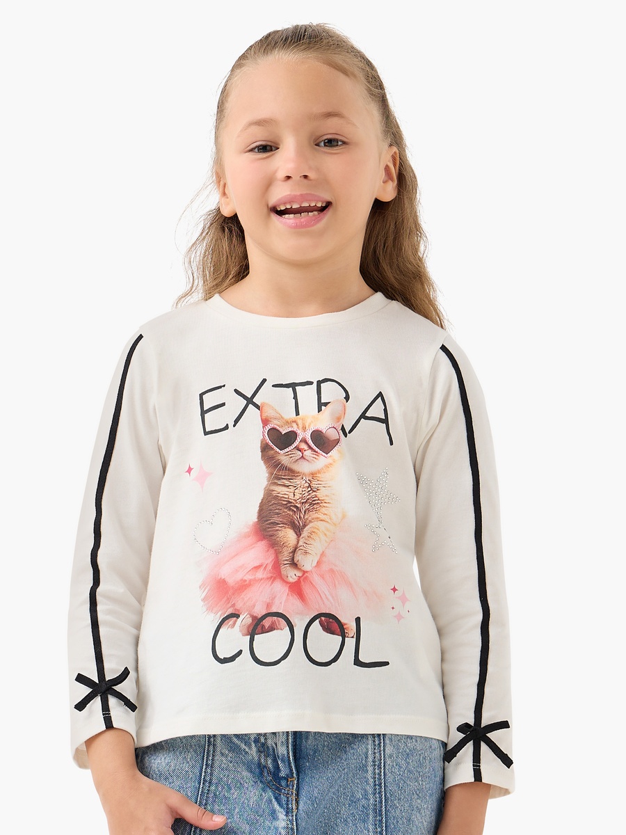 Cat Print Top with Bow Accents
