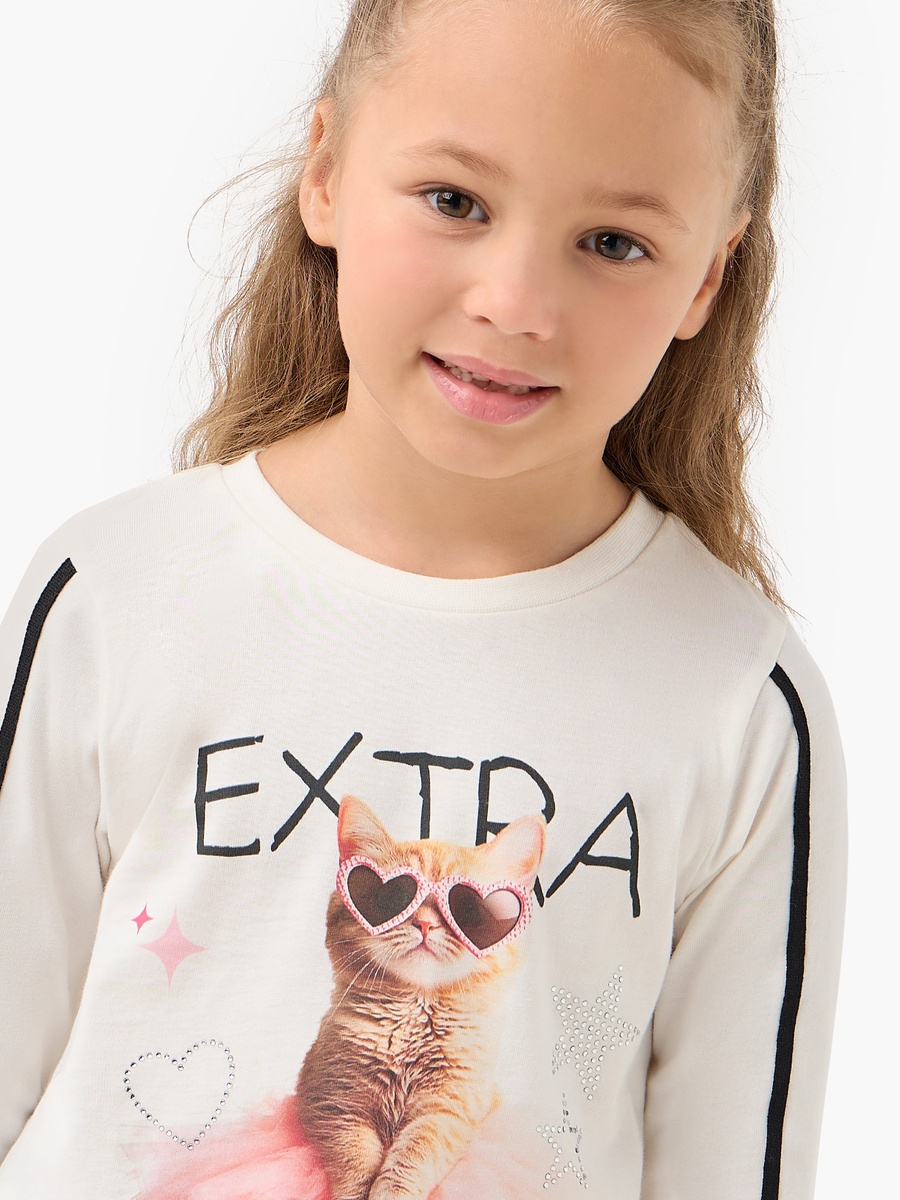 Cat Print Top with Bow Accents