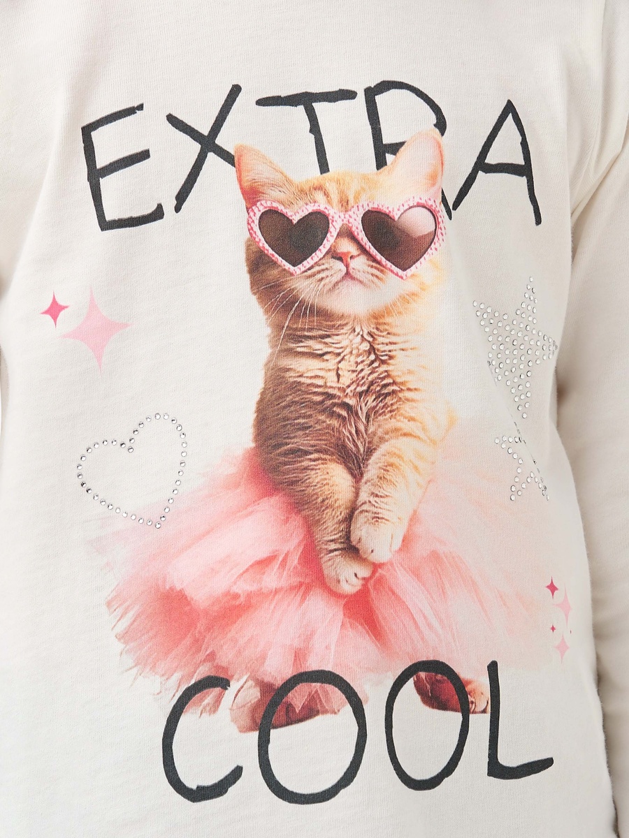 Cat Print Top with Bow Accents